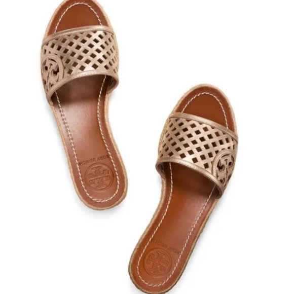 Tory Burch Shoes - Tory Burch Leather Lattice Perforated Espadrille Platform Wedge Slides, Size 10